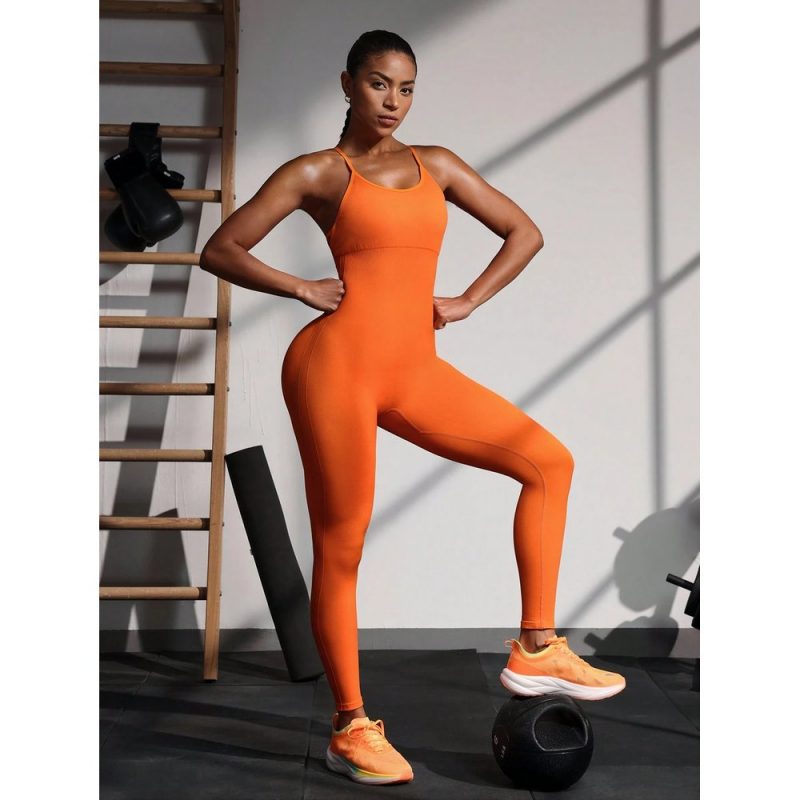 Salopetă fitness damă push-up Portocaliu – FITINT 380 2025 5