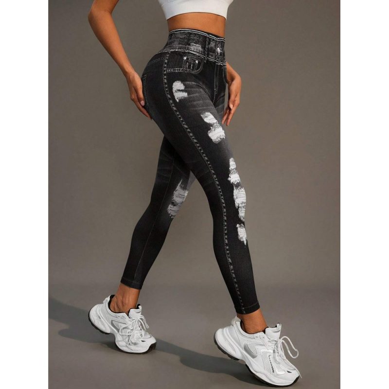 Colanți sport damă tip blugi talie înaltă Negru – FITINT 068 2025 4