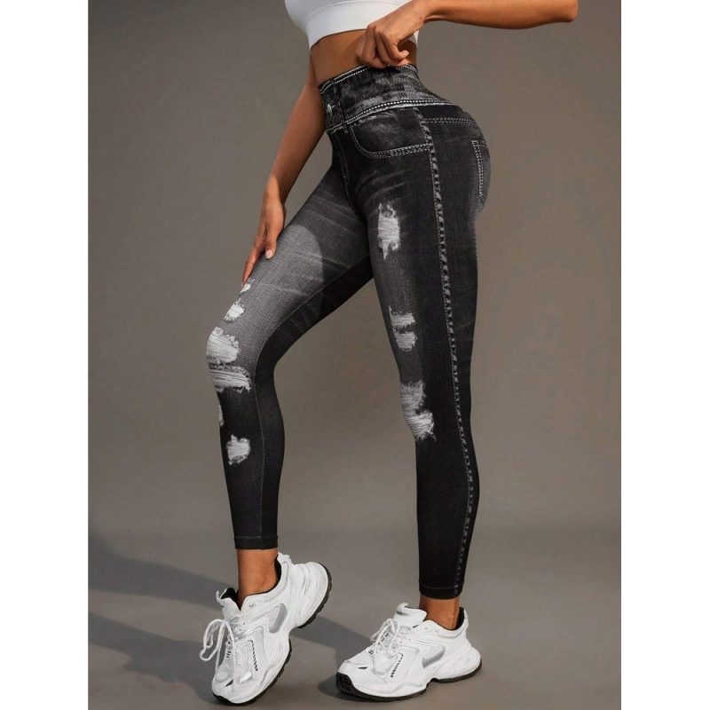 Colanți sport damă tip blugi talie înaltă Negru – FITINT 068 2025 5