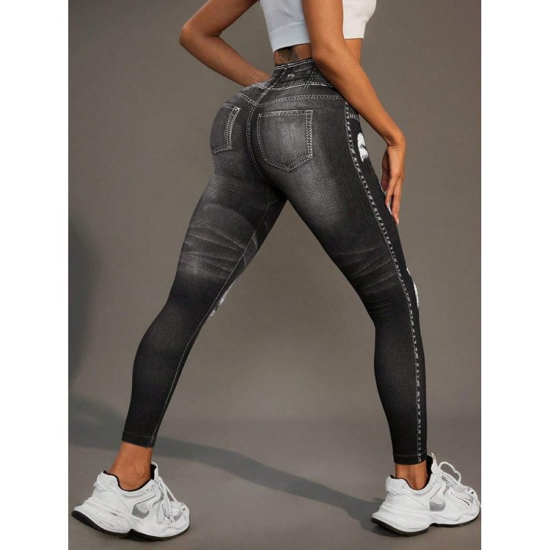 Colanți sport damă tip blugi talie înaltă Negru – FITINT 068 2025 2
