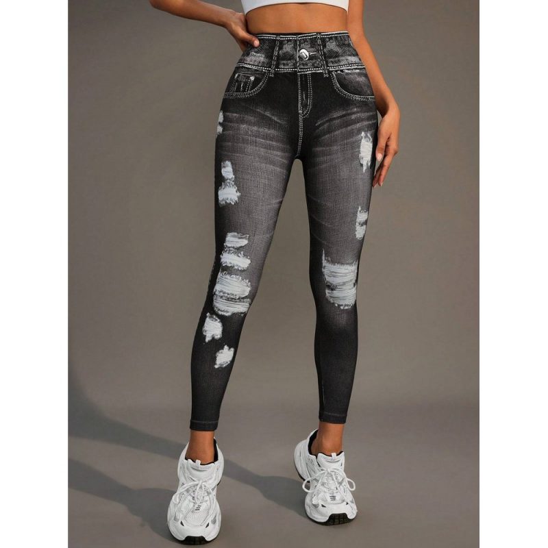 Colanți sport damă tip blugi talie înaltă Negru – FITINT 068 2025 1