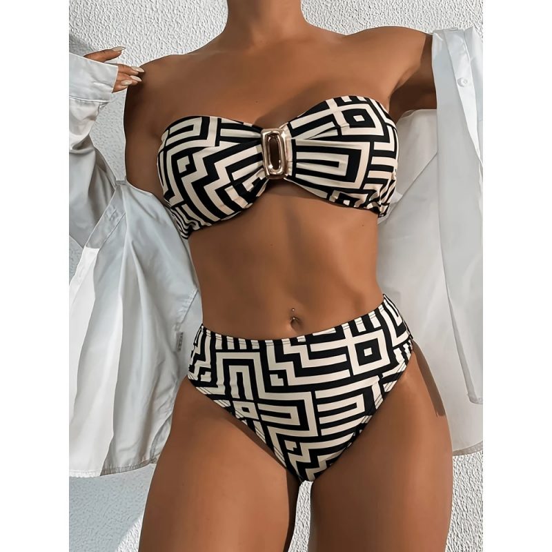 Costum de baie damă 2 piese push-up model geometric – FITINT 151 2025 1