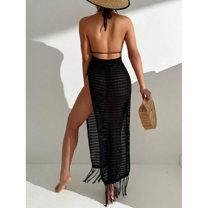 Rochie plajă damă tricotată cu spatele gol Negru – FITINT 114 2025 2