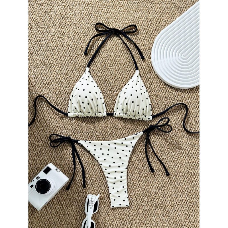 Costum de baie damă tanga 2 piese ajustabil Alb cu buline – FITINT 065 - imagine 1