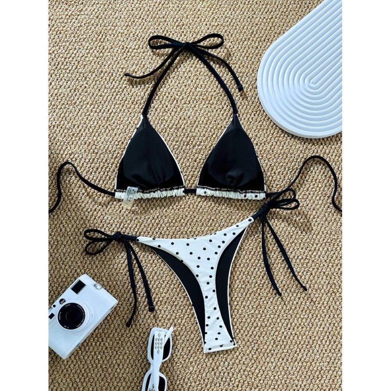 Costum de baie damă tanga 2 piese ajustabil Alb cu buline – FITINT 065 - imagine 2
