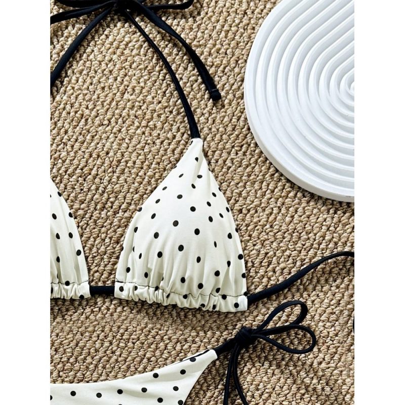 Costum de baie damă tanga 2 piese ajustabil Alb cu buline – FITINT 065 - imagine 3