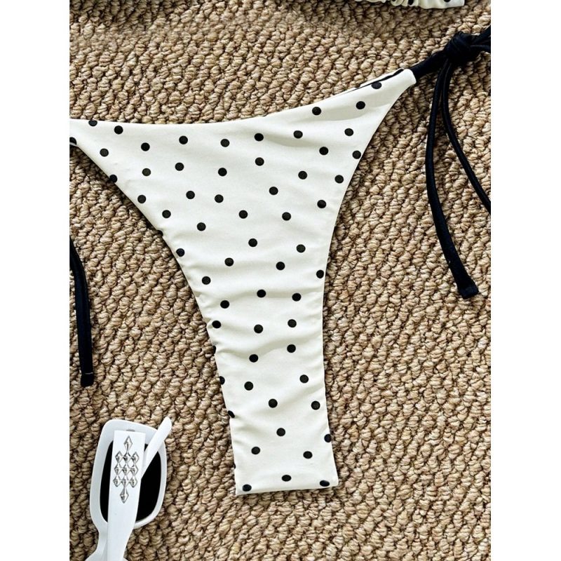 Costum de baie damă tanga 2 piese ajustabil Alb cu buline – FITINT 065 - imagine 5