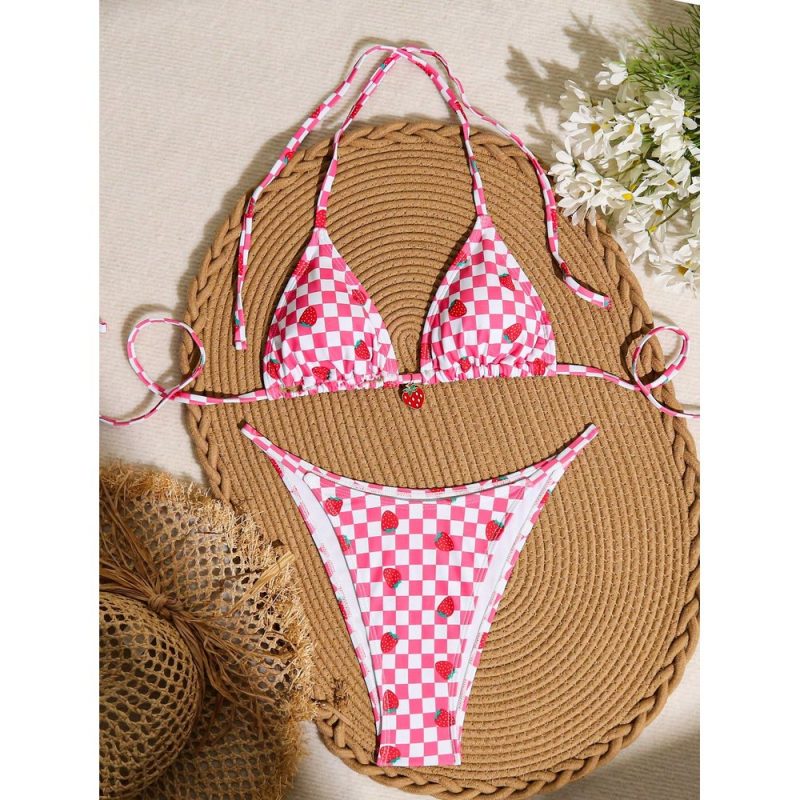 Costum de baie damă 2 piese ajustabil Alb cu capșune – FITINT 202 - imagine 3